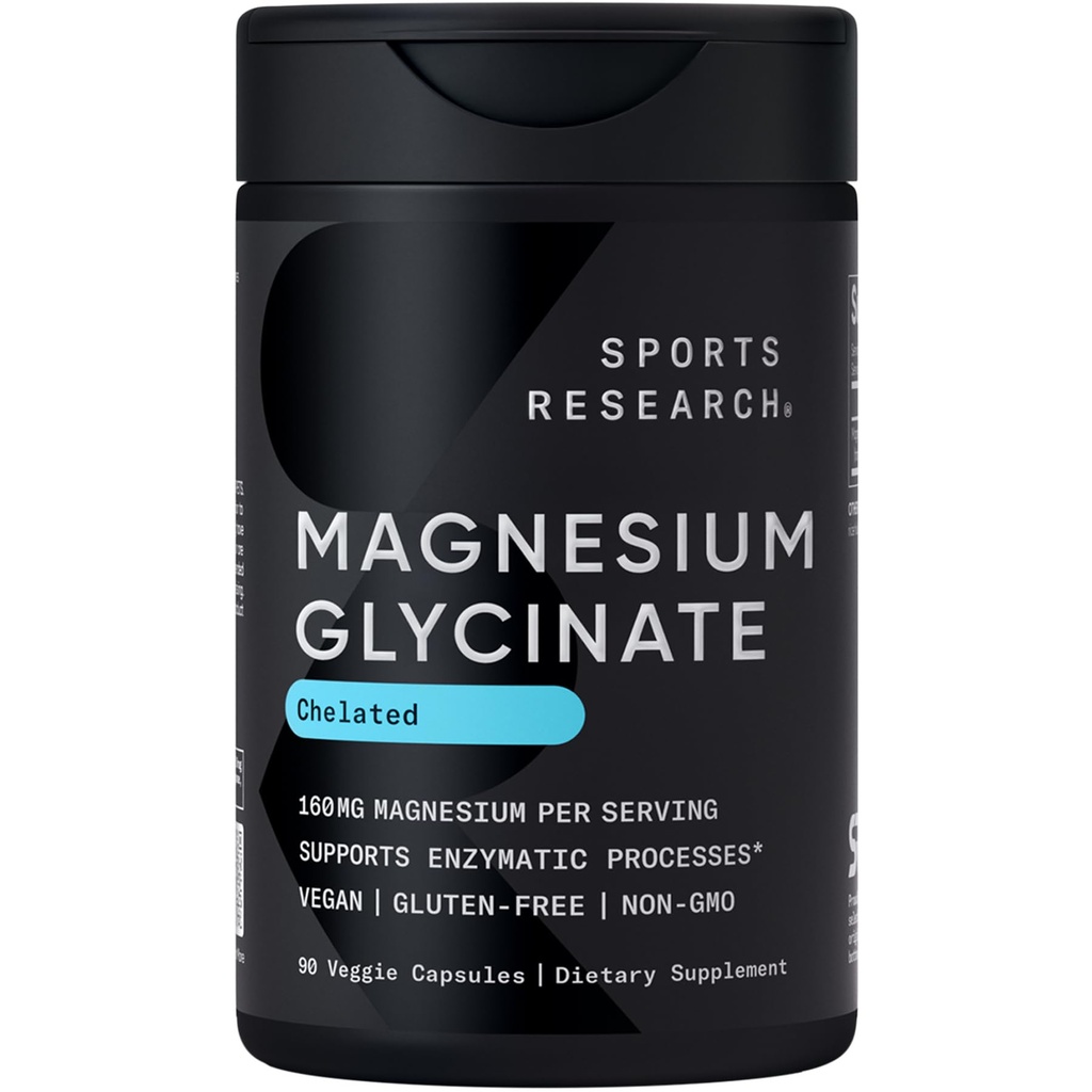 Sport Research® Magnesium Glycinate - Supporta il sonno riposante e processi enzimatici - 160 mg Magnesio Chelato - Capsule Vegan - 90 Conte