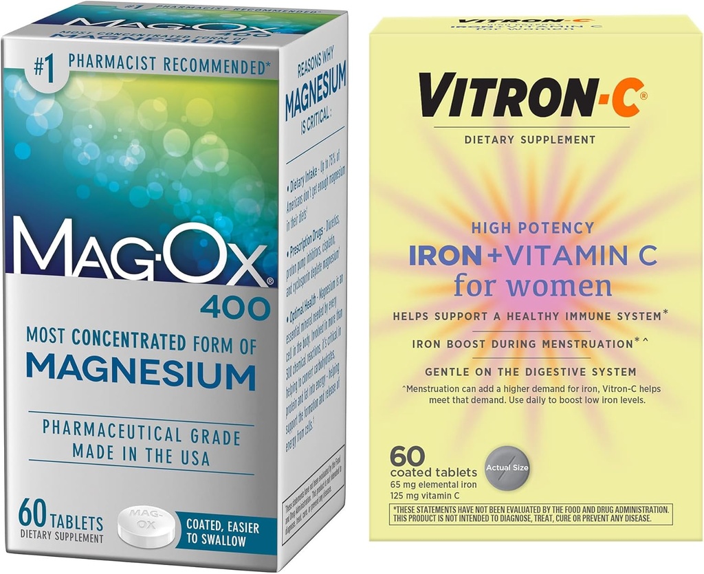 Integratore di ferro ad alta potenza Vitron-C, Supporto di Immunt 60ct e Mag-Ox 400 Magnesio Supplemento minerale 60ct