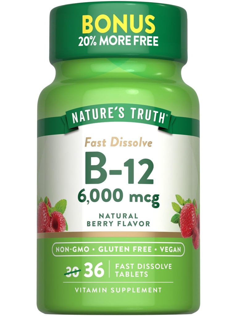 Verità della natura B12 Vitamina 6000 mcg | Methylcobalamin | 36 compresse | Fast Dissolve Natural Berry Flavor | Vegan, Non OGM & Gluten Free