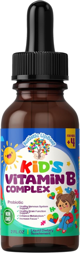 Autistic UpBeat: Kid's Vitamin B Complex | Kid-Friendly Drops | Unlfavored | B1, B2, B3, B6, B7, B9 & Methyl B12 | Funzione cerebrale, Focus, Metabolismo | Kids B Complex Liquid Drops Supplemento