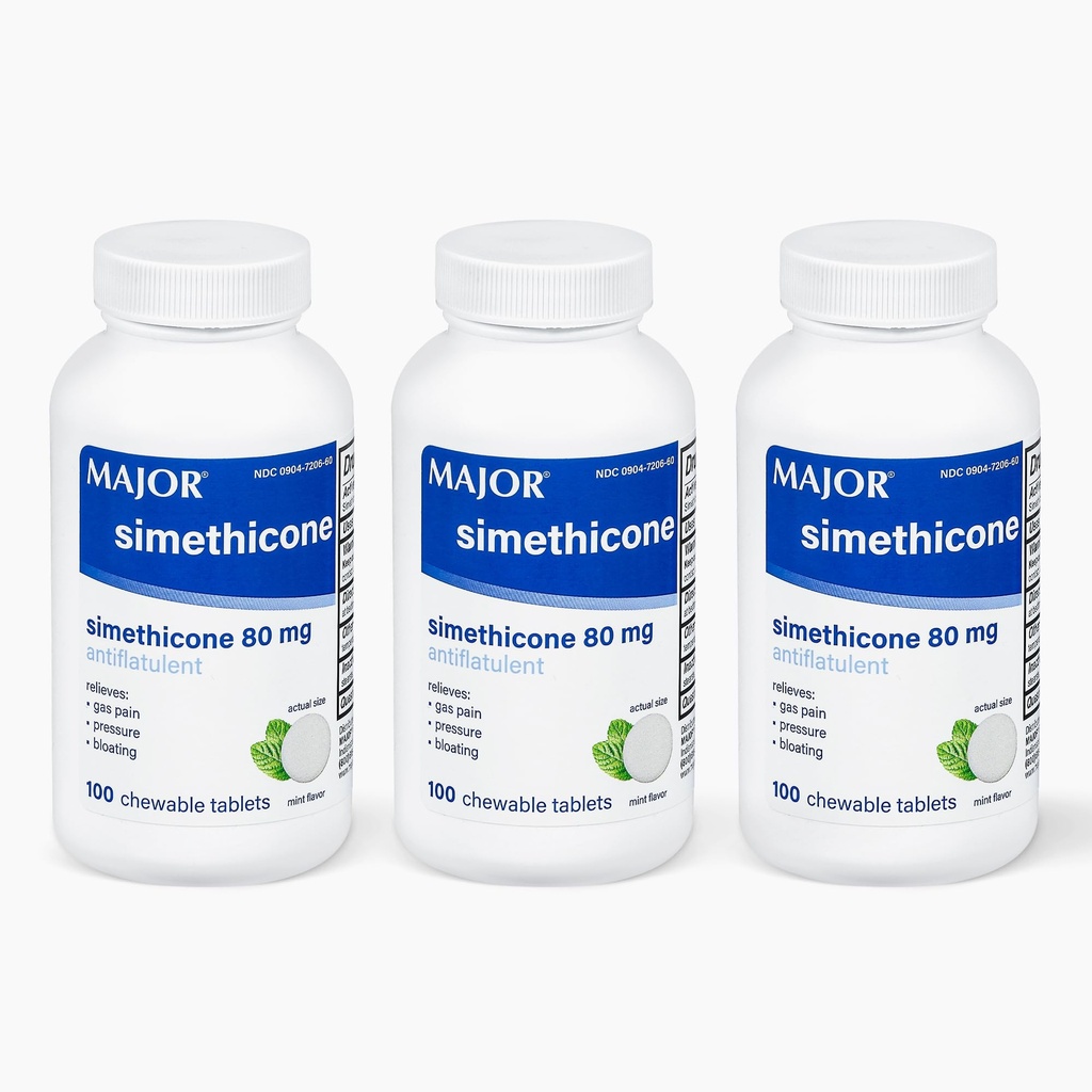 MAJOR Simethicone Gas Relief 80 mg - Anti flatulenza, Bloating e Gas Pressure Aid - 100 compresse masticabili (3 Pack)