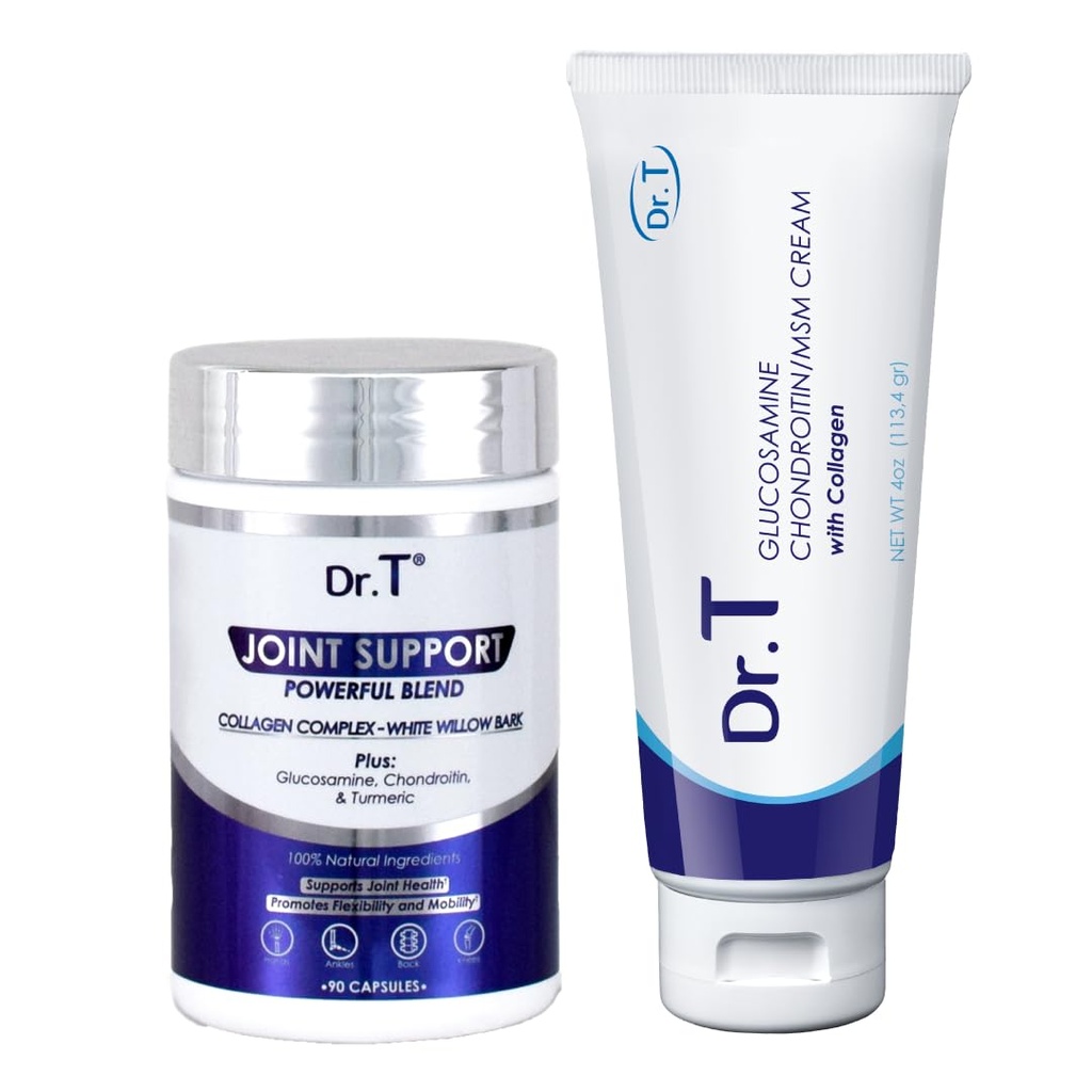 Dr. T Joint Health Bundle: Glucosamine/Chondroitin MSM Crema con collagene + Joint Support Supplement | Athlete-Grade Joint & Muscle Relief | Non-GMO, Gluten-Free, Made in USA