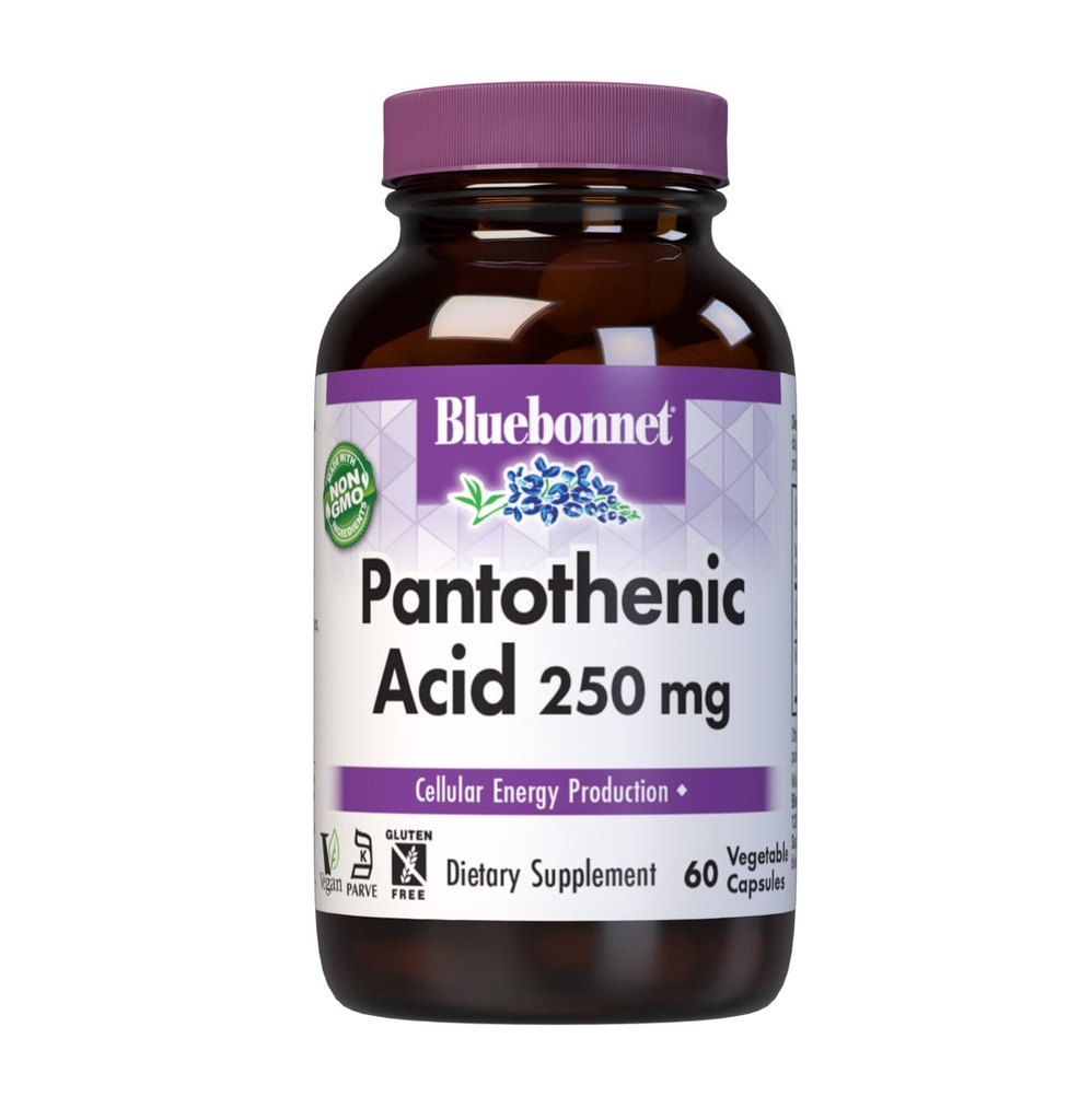 BlueBonnet Nutrition Pantothenic Acid 250 mg Daily Vitamin B5 Supplemento per l'energia cellulare per le donne e gli uomini - Vegan, senza glutine, non OGM - 60 capsule vegetali