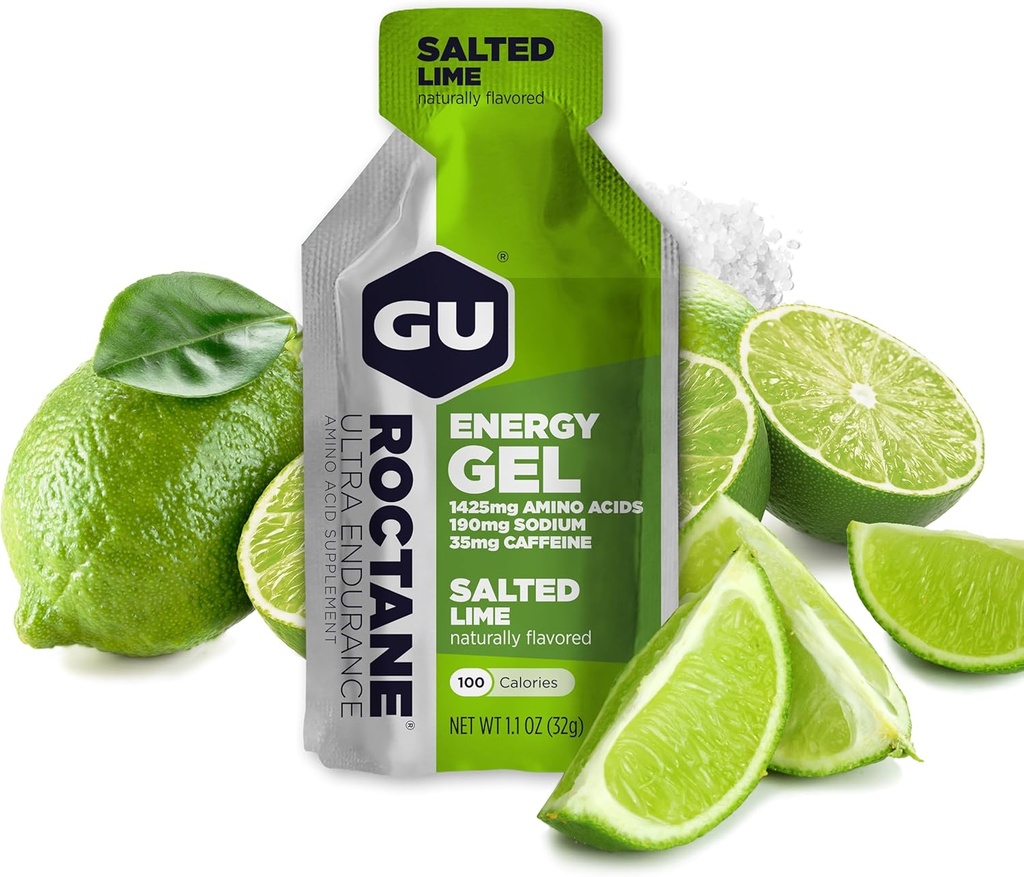 Gu Energy Roctane Ultra Endurance Energy Gel, On-The-Go Sport Nutrition for Running, Biking, Escursionismo o Sci, Lime salate, 24-Count