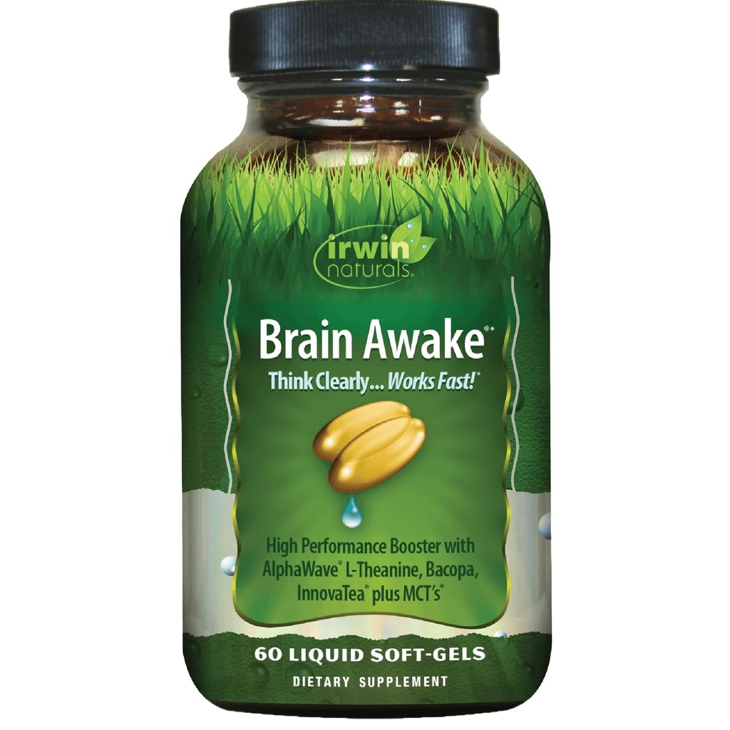 Irwin Naturals Brain Awake - 60 Liquid Softgels - Prestazioni Mentali migliorate, Focus aumentato, Clarity & Concentration - Booster nootropico con L-teanina, Bacopa, MCT