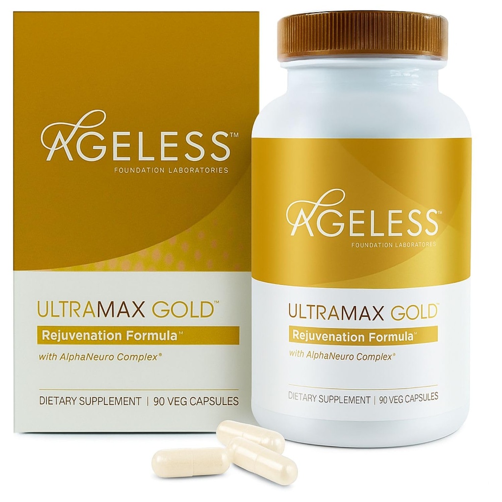 AGELESSTM: capsule UltraMAX GoldTM, HGH Anti-invecchiamento Supplemento per le donne, rallenta l'invecchiamento cellulare, supporta la salute immunitaria, tono morbido della pelle e sonno riposante, gestione del peso, 90 capsule