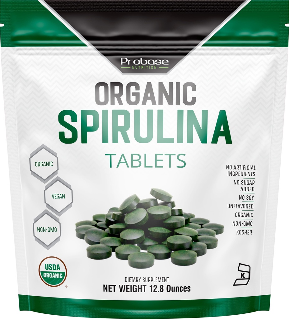 Probase Nutrition Organic Spirulina Supplement, 3000MG Per Serving, 720 compresse (4 mesi di fornitura), Nessun Filler & Non OGM, Ricco di Proteine Vegane, Vitamine & Prebiotici, Pillole Premium Spirulina