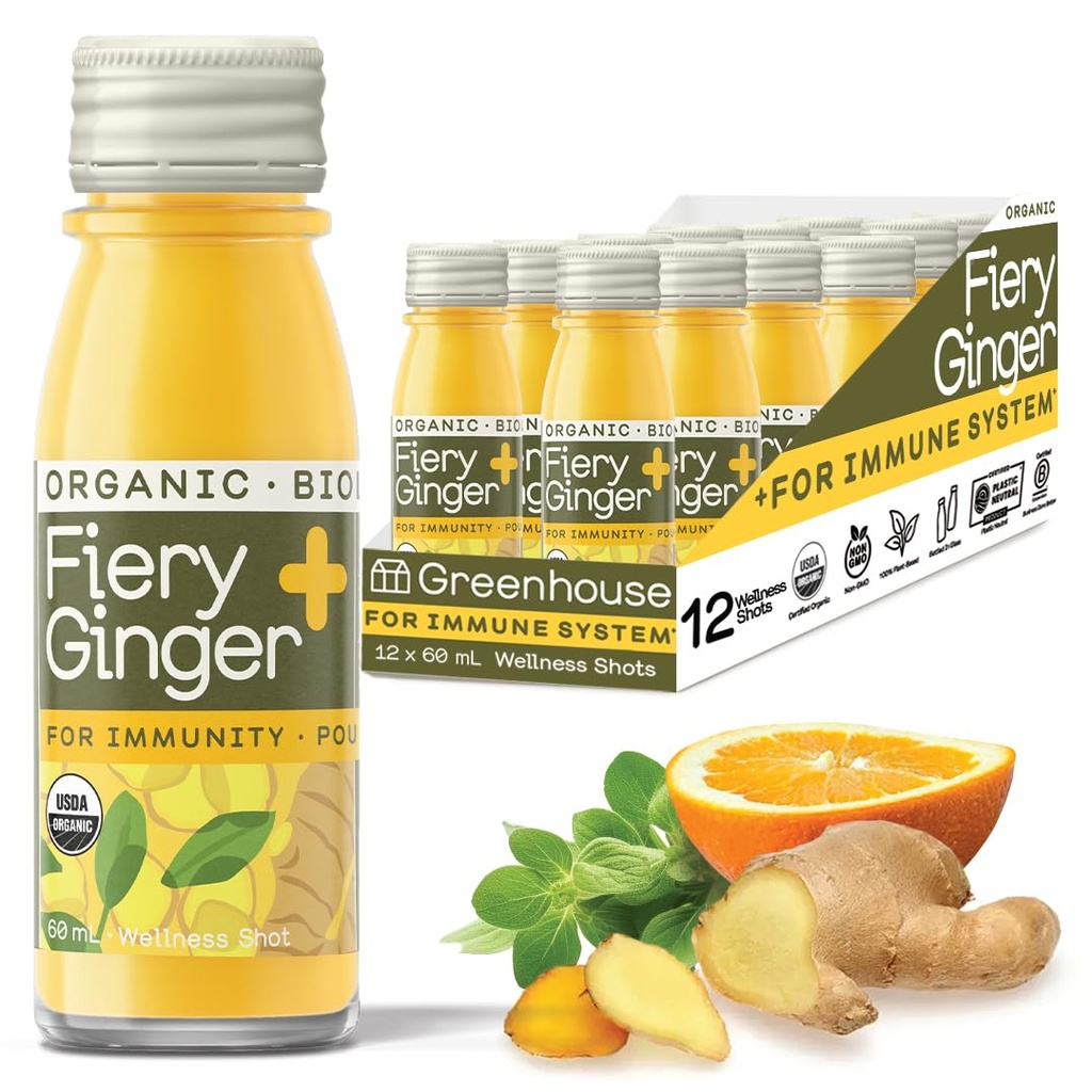 Greenhouse succo organico Fiery Ginger Wellness Shots 12-Count 60ml bottiglie di vetro, Vegan & Gluten-Free