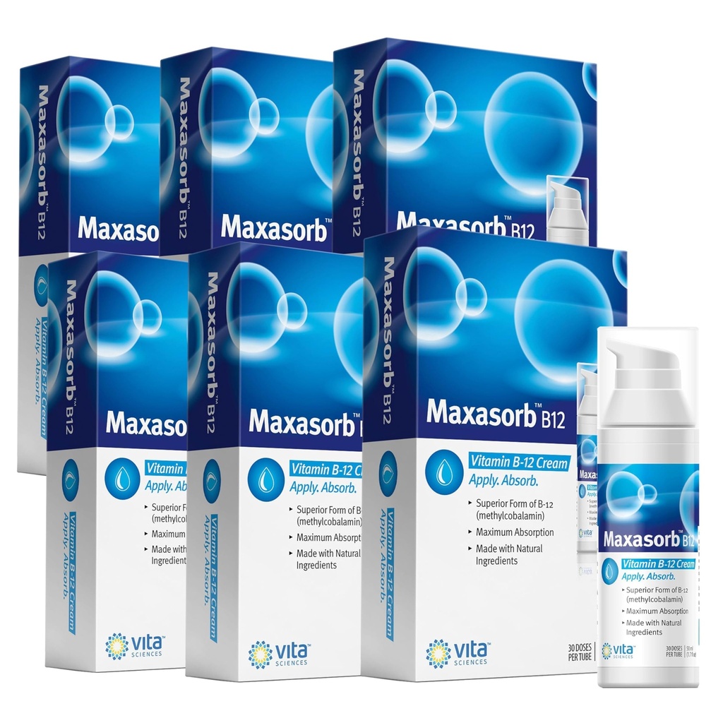 Vita Sciences Maxasorb B12 Vitamina B-12 Crema 1000 mcg: Potente metilcobalamin topico per energia, salute e pelle luminosa - Confezione di 6