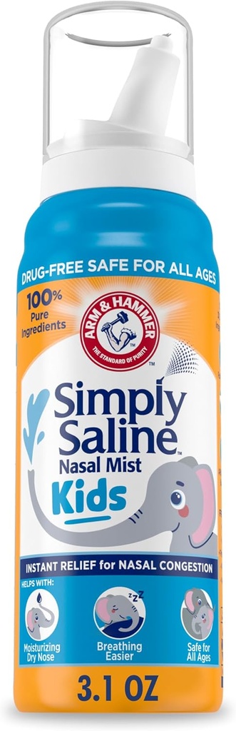 ARM & HAMMER Semplicemente Saline Kids Nasal Mist, Saline Spray per il sollievo dalla congestione nasale, 3.1 Oz