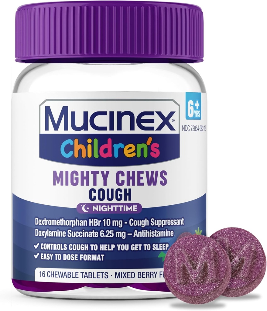 Mucinex bambini Mighty Chews Nighttime Kids Cough Medicine, facile da fare Cough Suppressant con Dextromethorphan, Kids Travel Medicine for Cough, Mixed Berry Flavor, 16 Medicated Chewable Tablets