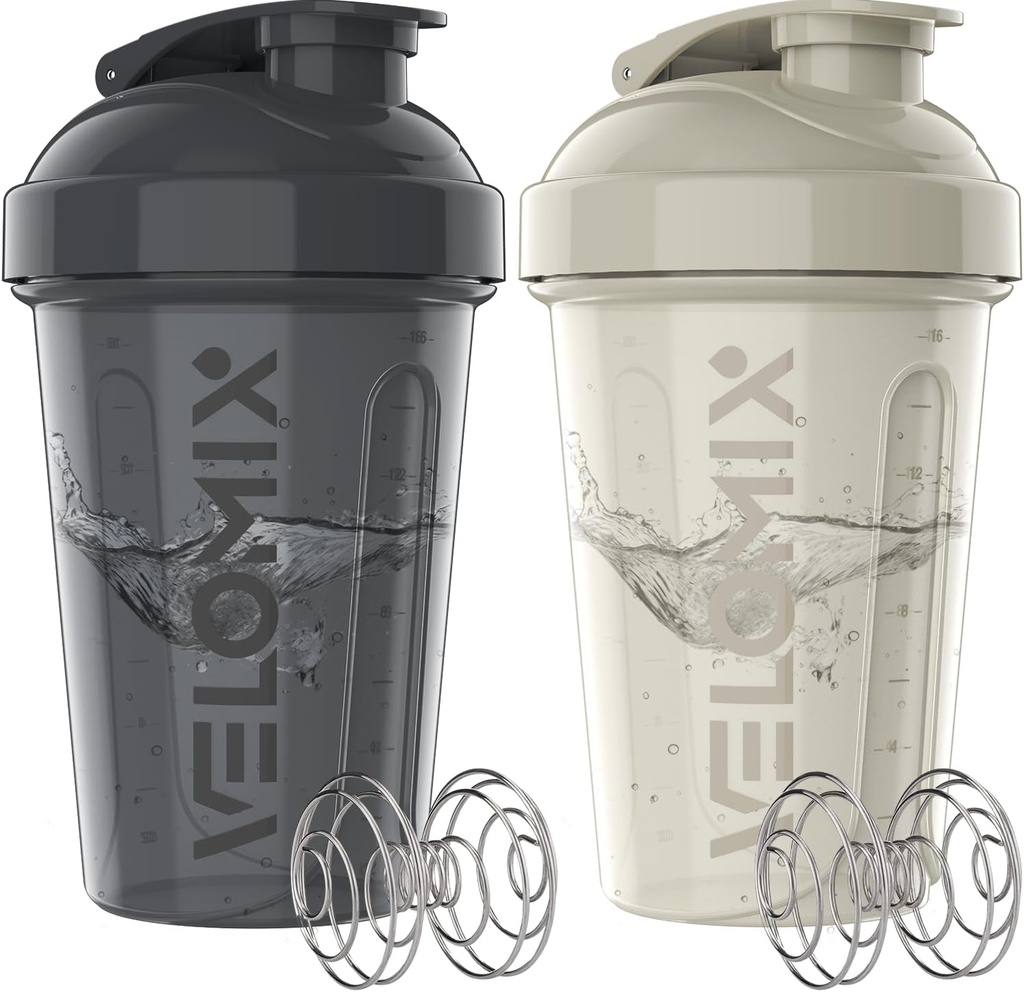 VELOMIX -2 Pack- 20 oz Protein Shaker Bottiglie per Miscele Proteine - 2x Wire Whisk | Leak Proof Shaker Cups for Protein Shakes and Pre Workout | Protein Shaker Bottle Pack (Gray/White)