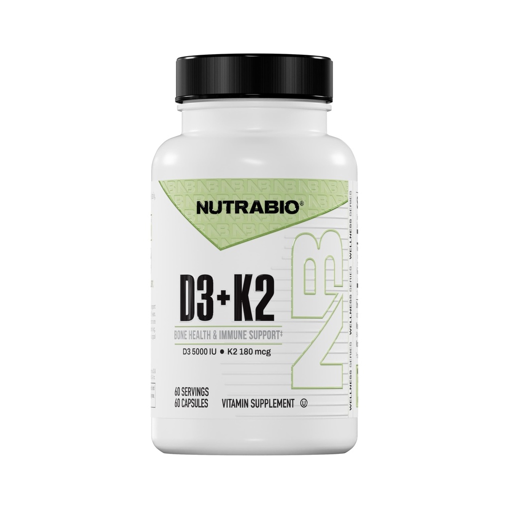 NutraBio Vitamina D3 K2 | 5000 IU D3 come Cholecalciferol con vitamina K2 come MENA-Q MK7 (180mcg) | Support Bone e Heart Health | Non-GMO, Gluten Free, Lactose Free | 60 capsule vegetali