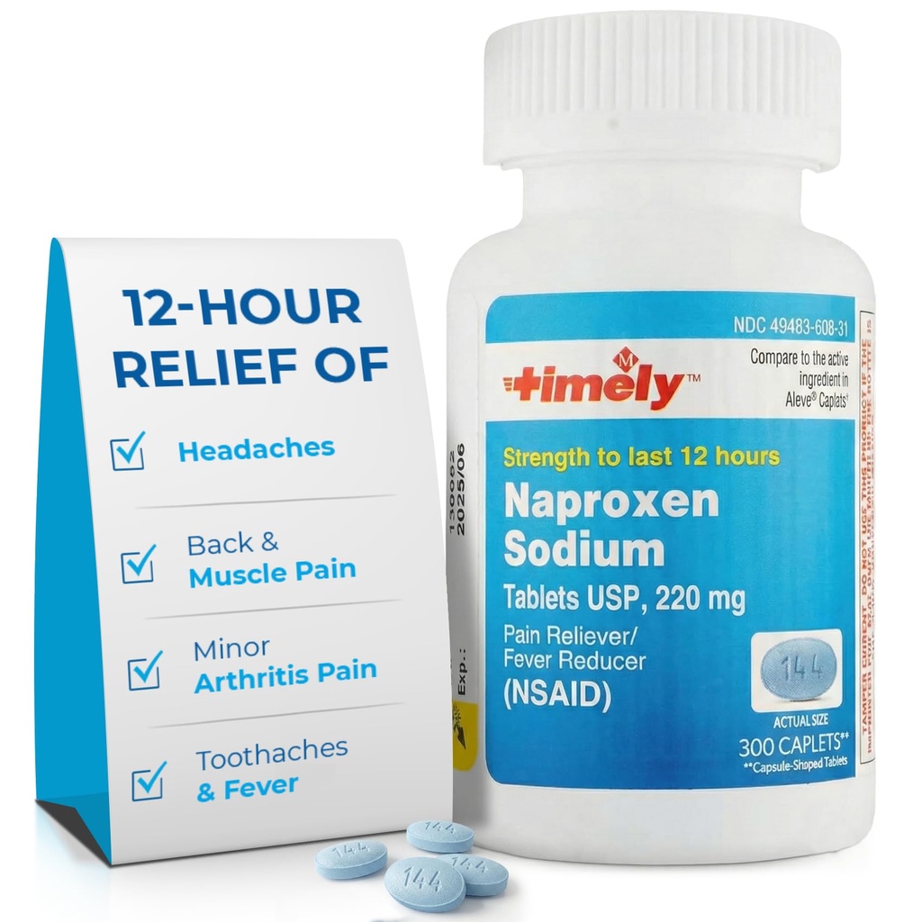 TIME-CAP Los Angeles, INC. Timely Naproxen Sodium 220mg - NSAID Pain Reliever per Headache, Tooth Ache, Minor Arthritis Pain Relief, Backache, Fever - dura 12 ore - 300 Conte