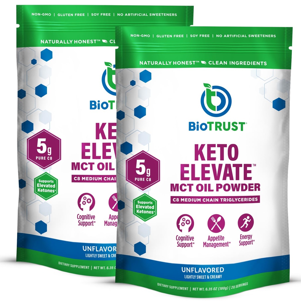 BioTrust Keto Elevate – C8 MCT Oil Powder – Ketogenic MCT Coffee Creamer, Keto Coffee Creamer – Clean Energy, Mental Focus & Clarity – 100% Caprylic Acid MCT Powder, Non-GMO (senza aroma, 40 Servings)