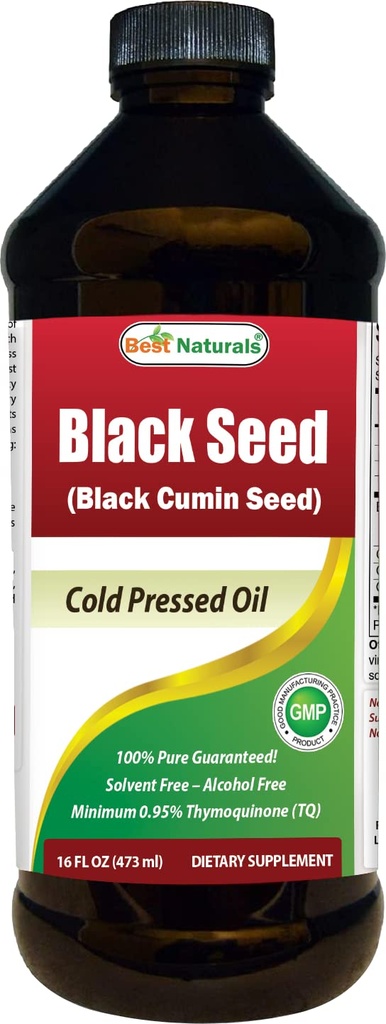 Best Naturals Black Seed Oil - Minimo 0,95% Thymoquinone (TQ) - Pressato a freddo Nigella Sativa Aids in salute digestiva, Supporto immunitario, Funzione cerebrale, Mobilità congiunta, Gluten Free, Non OGM - 16 OZ
