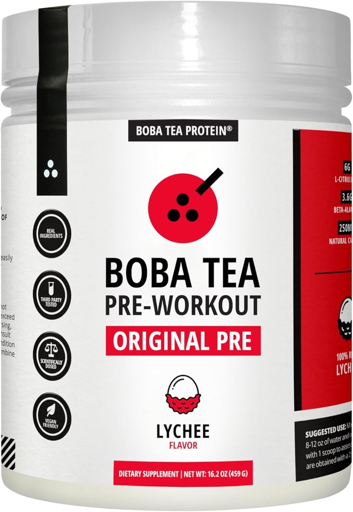 Boba Tea Pre-Workout Powder | Lychee Flavor | 125-250mg Caffeine | L-Citrulline, Beta Alanine, Alpha-GPC | Ingredienti reali | Polvere pre allenamento Premium per uomini e donne | 20-40 Serve