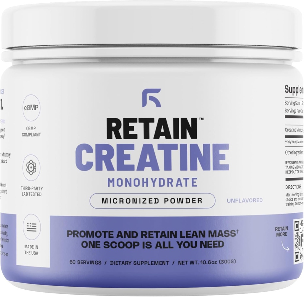 Polvere monoidrata della creatina RETAIN (60 Serv) - 100% Micronized ad alto assorbimento Creatina Monoidrato, massa muscolare magra e recupero