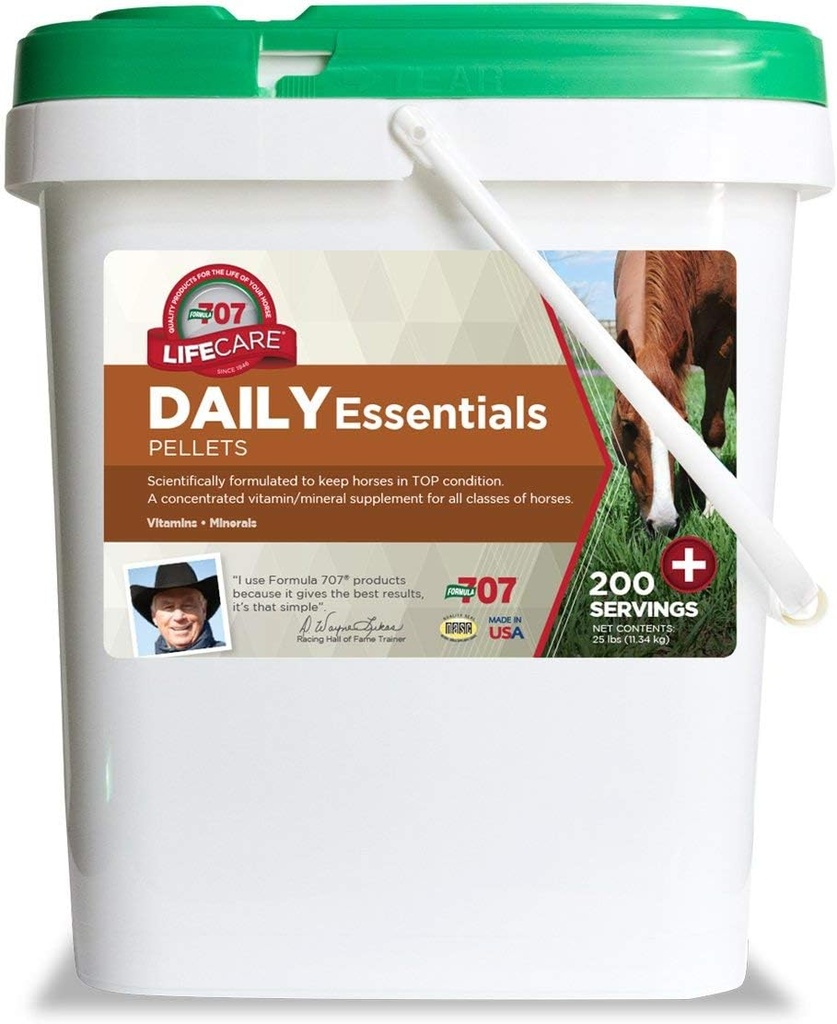 Formula 707 Daily Essentials Equine Supplement, 25lb Bucket – Vitamine e minerali completi per la salute superiore e la condizione dei cavalli