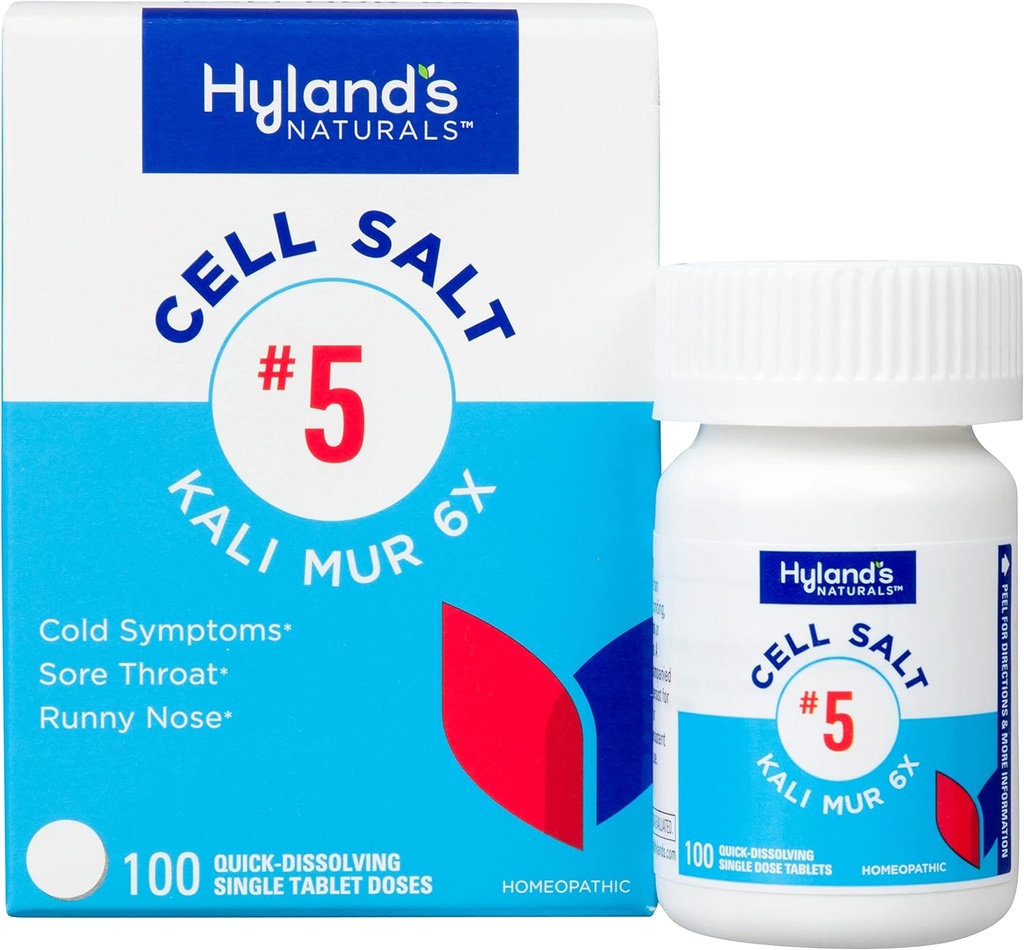 Hyland's No. 5 Cell Salt Kali Mur 6X Tablets, Medicina Fredda e Sore Throat Relief, Trattamento naturale di Freddi, Sore Throats, Runny Nose, e Burns, Tavole di dissolvenza rapida, 100 Conte