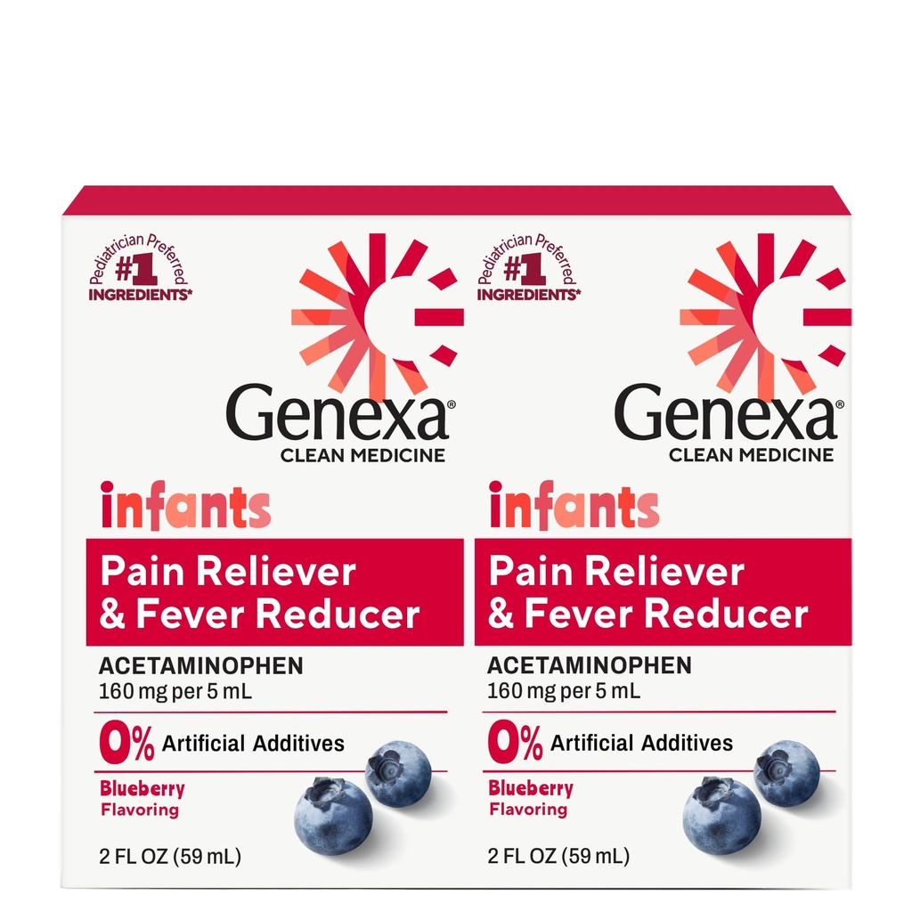Genexa Infants' Clean Acetaminophen | Pediatrician Preferiti Ingredienti | Riduzione del dolore e della febbre per i bambini | Dye Free, 0% Additivi artificiali | Organic Blueberry Flavor, 4 fl oz (2 Pack)