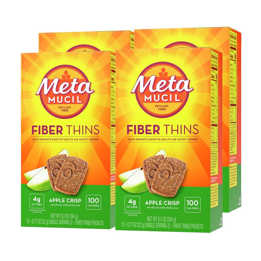 Metamucil, Fiber Thins, Daily Psyllium Husk Fiber Supplemento, Supporta la salute digestiva e Satisfies Hunger, Apple Crisp Flavor, 48 Total Servings (4 pacchetti di 12)