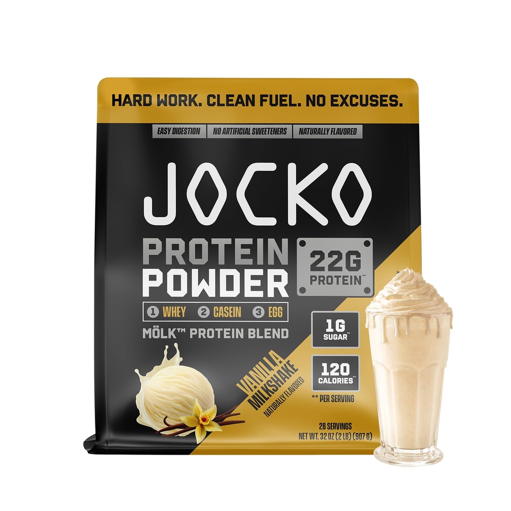 Jocko Fuel Mölk Whey Protein Polvere 22g Protein - Basso Zucchero Monk Frutta Miscela - Recupero e Crescita del muscolo, Imballaggio Può Vary (28 Serve, Vanilla Milkshake)