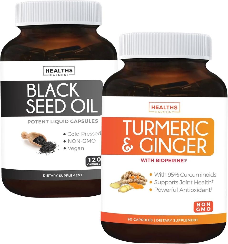 Bundle of Turmeric & Ginger & Black Seed Oil - Golden Harmony Blend - Turmeric & Ginger con 95% Curcuminoids & Bioperine (90 capsule) & Black Seed Oil (non OGM) 100% Cumin Seed Oil