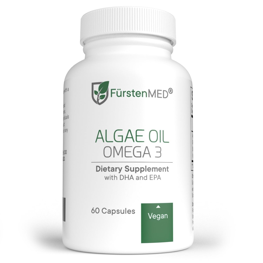 FürstenMED olio di alghe Vegan Omega 3 - cuore, cervello e supporto sanitario comune - 2000mg olio di alghe di cui 700mg DHA & 320mg EPA + 3, 6mg vitamina E per dose giornaliera - acidi grassi essenziali