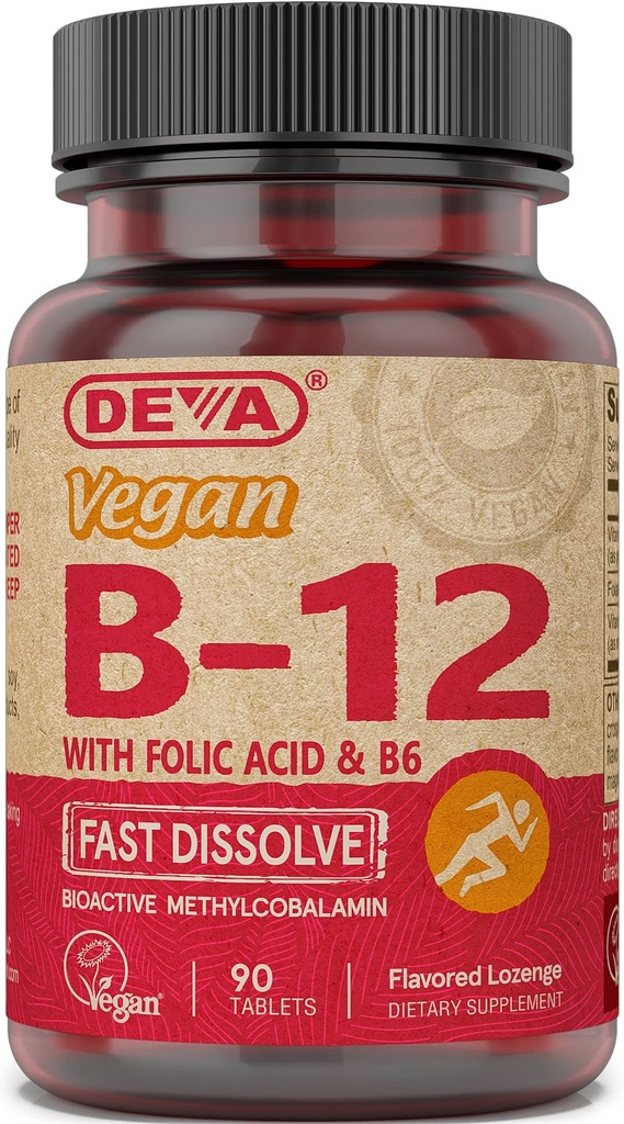 DEVA Vegan Vitamina B12 Fast Dissolve Supplemento - Complesso una volta per giorno con 1000 Mcg Methylcobalamin B12, Acido Folico, B6 - Limone Flavor - 90 compresse dissolvibili,