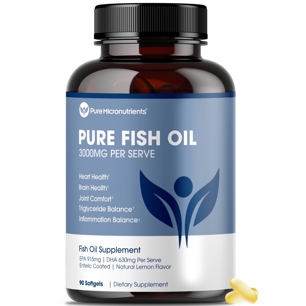 Micronutrienti puri - Omega 3 Fish Oil Supplement, EPA/DHA acidi grassi, Burpless Fish Oil Supplementi con limone - Cuore, occhio, cervello e supporto immunitario - 90 Softgels