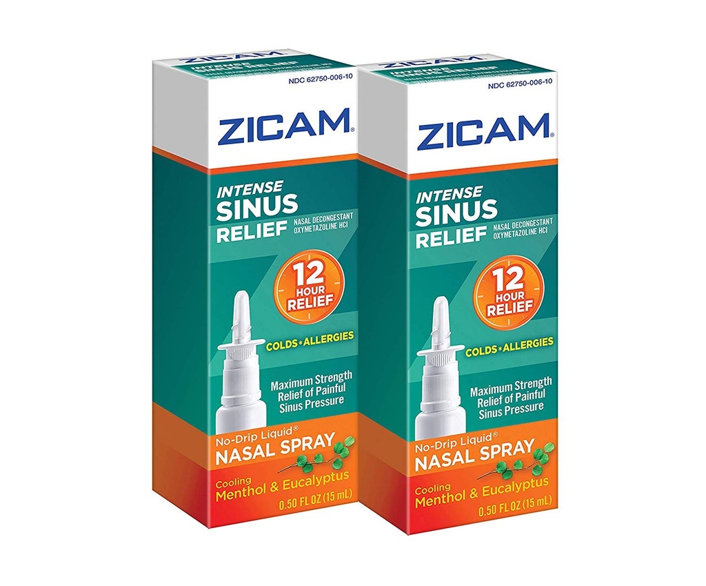 Zicam Intense Sinus Relief No-drip Liquid Nasal Spray con Cooling Menthol & Eucalyptus, 0.5 Ounce (Pack of 2)