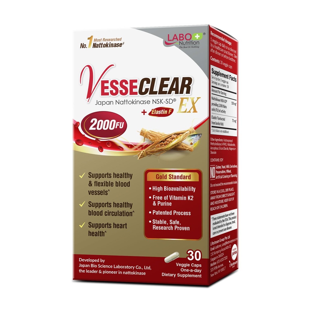 LABO Nutrition VesseCLEAR EX: Nattokinase NSK-SD+Elastin F per il sangue pulito e flessibile.