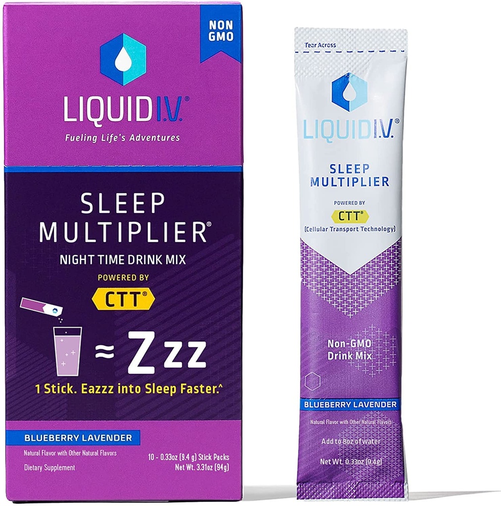 Liquido I.V.® Hydration Multiplier® +Sleep - Lavanda di mirtilli - Electrolyte Powder Drink Mix Packets | Convenient Single-Serving Sticks | Non-GMO | 10 Serve (Pacchetto di 1)