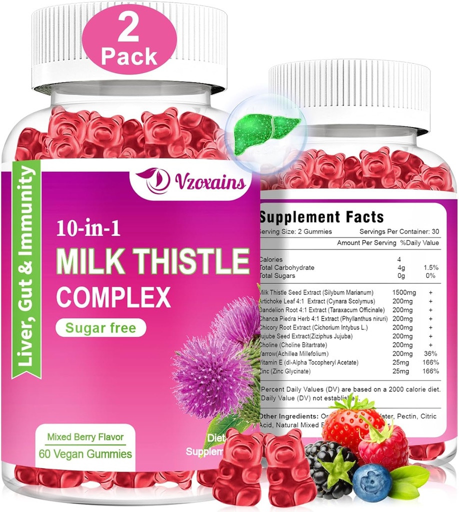 Gummie di cardo al latte, 10 in 1 Formula di erbe per la pulizia del fegato Riparazione del disintossicazione con radice di dadelion, curcuma, funzione di fegato ottimale di carciofo e aroma mista di bacche digestive