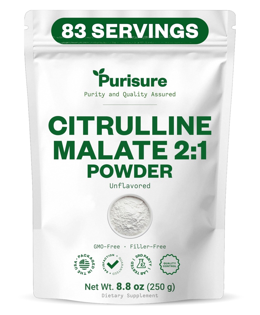 Polvere L-citrullina di purificazione 250g, supplemento di Citrullina Premium 2:1 di Malato per le prestazioni di resistenza e l'energia, polvere di malato della citrullina pre-allenamento - Migliora pompe e recupero del muscolo - 83 Serve