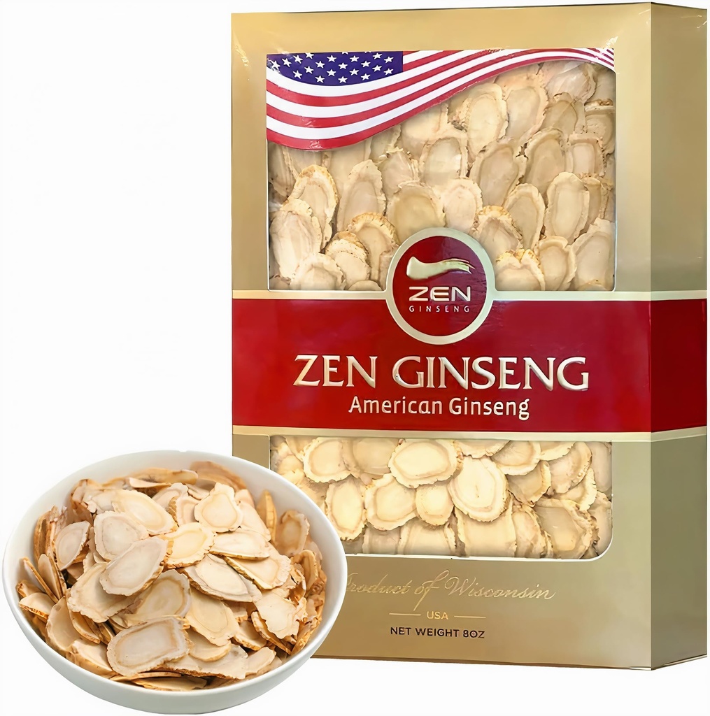 Zen American Wisconsin Ginseng Slices — Energia migliorata, Performance, & Salute mentale per uomini e donne (8oz. Scatola)