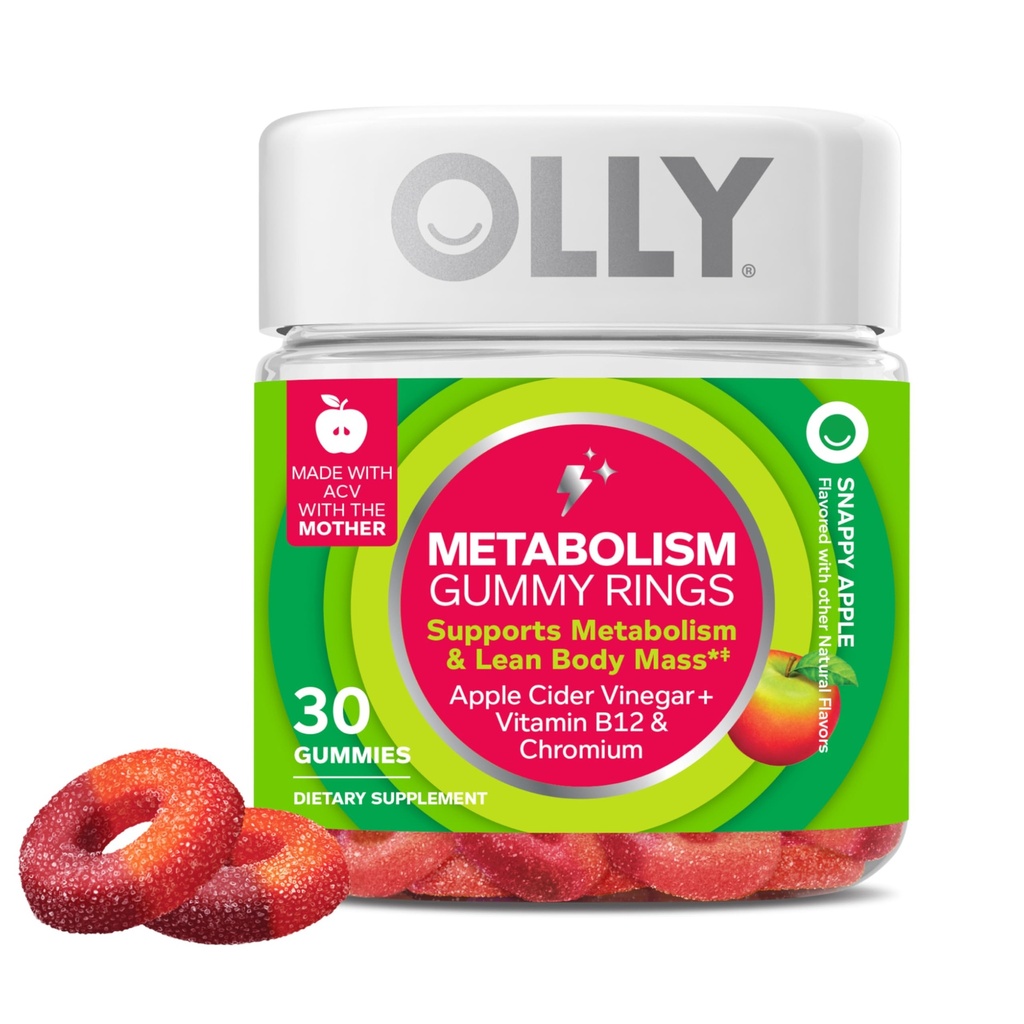 OLLY Metabolismo Anelli gommosi, Aceto di sidro di mela, Vitamina B12, Cromo, Energia e Salute Digestiva, Supplemento masticabile, Sapore di mela - 30 Conte