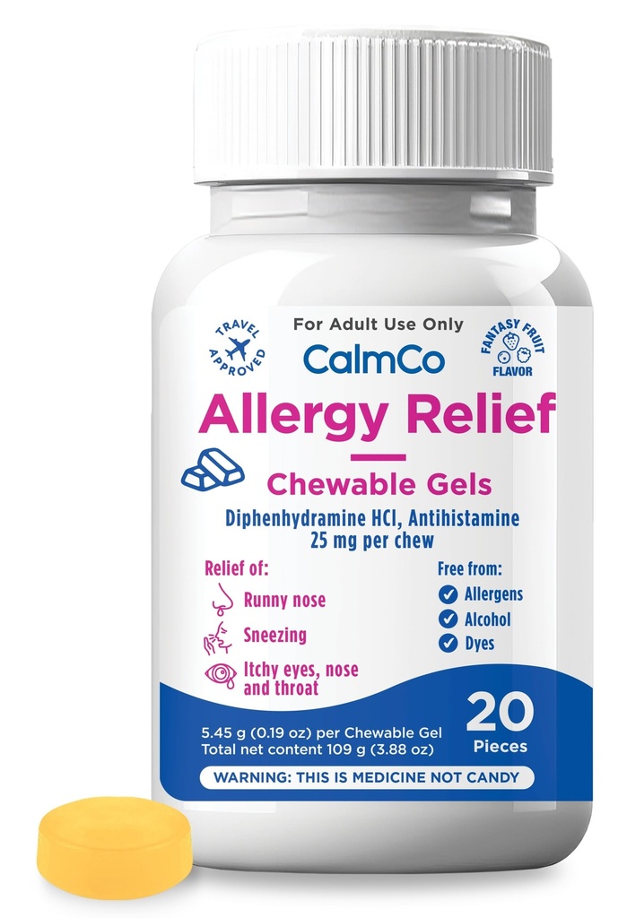 CalmCo Adulto Allergy Relief Gummy Bites con Diphenhydramine - Antistaminico masticabile per starnuti, Runny Nose & Itchy Eyes, Medicina allergia notturna per età 12+, Fantasy Fruit Flavor, 20 Conte