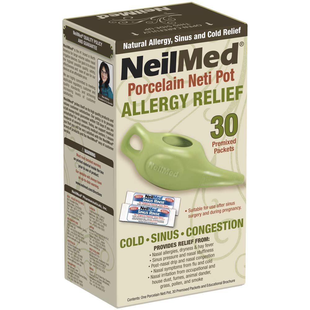 NeilMed Classic Porcellana Neti Pot Green con 30 confezioni Premixed