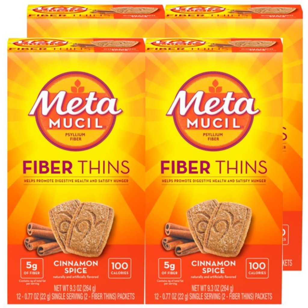 Metamucil Fiber Thins, Daily Fiber Supplement Snack, Psyllium Husk Powder, 5g Fibra per Serving, Supporta la salute digestiva e Satisfies Hunger, Cinnamon Spice Flavor, confezione da 4, 12 Servings