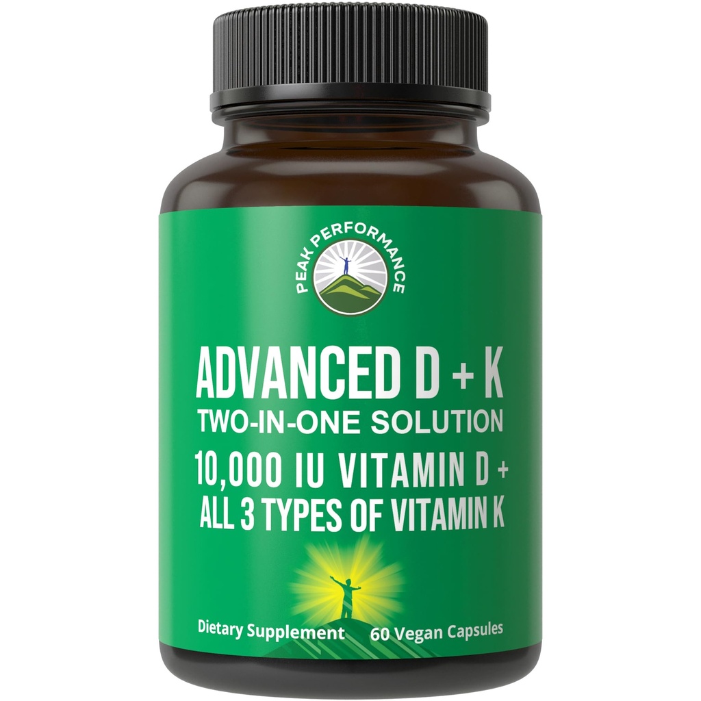 Vitamina D 10000 IU avanzata con tutti i 3 tipi di vitamina K - 10.000 vitamina D3 e vitamina K2, K1, MK-7 (MK7), supplemento di capsule MK4 - 60 Pillole piccole e facili da ingoiare
