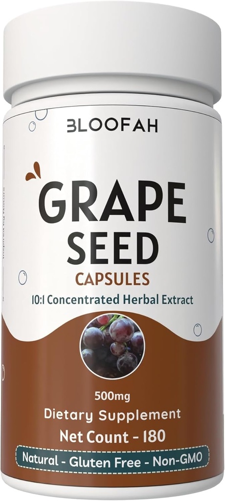 Capsule di semi d'uva 500mg | Vitis vinifera Concentrato 10:1 Polvere di estratto | Integratore naturale di erbe, Non OGM, Formula senza glutine (180 conteggio (Pack of 1)