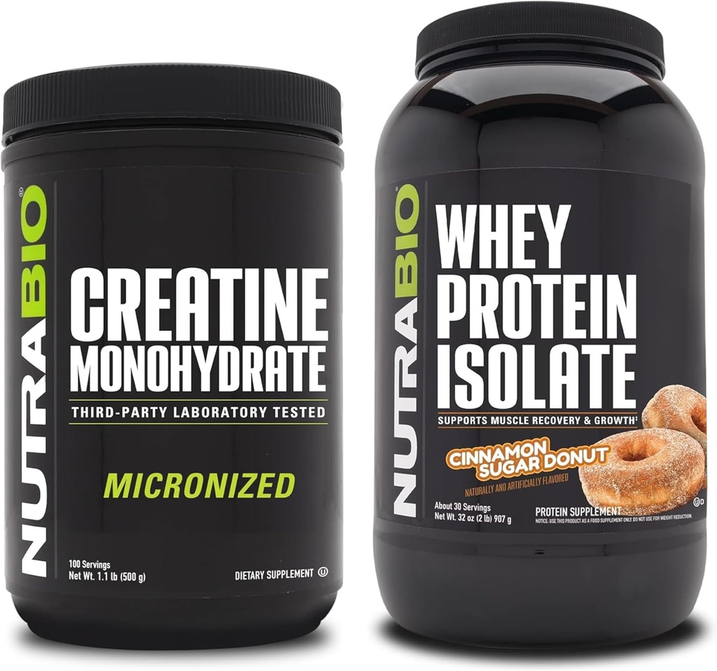 NutraBio Creatina monoidrato, non aromatizzato, 500g e isolato di proteine del siero, cinamone Zucchero, supplemento Bundle - energia muscolare, crescita muscolare magra, recupero e resistenza