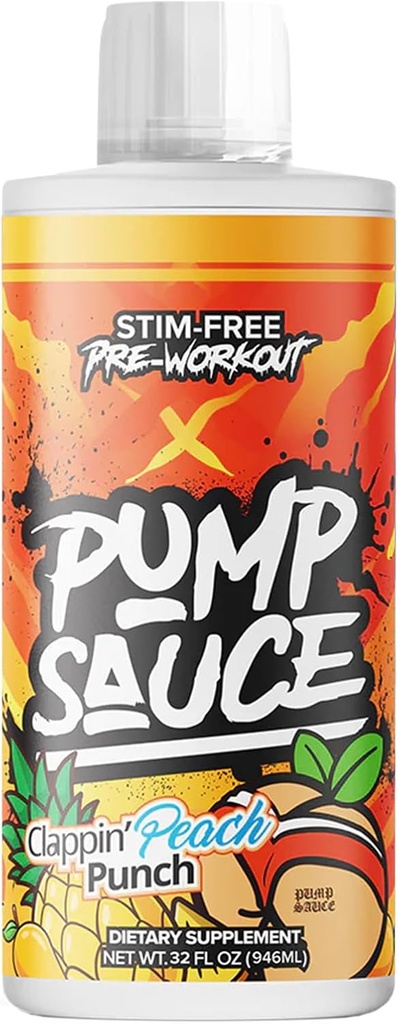 Pompa Salsa Pre-allenamento - 32 oz, Clappin Peach Punch, No Caffeine, Full Spectrum Liquid, Gluten Free, Vegan, Zero Sugar