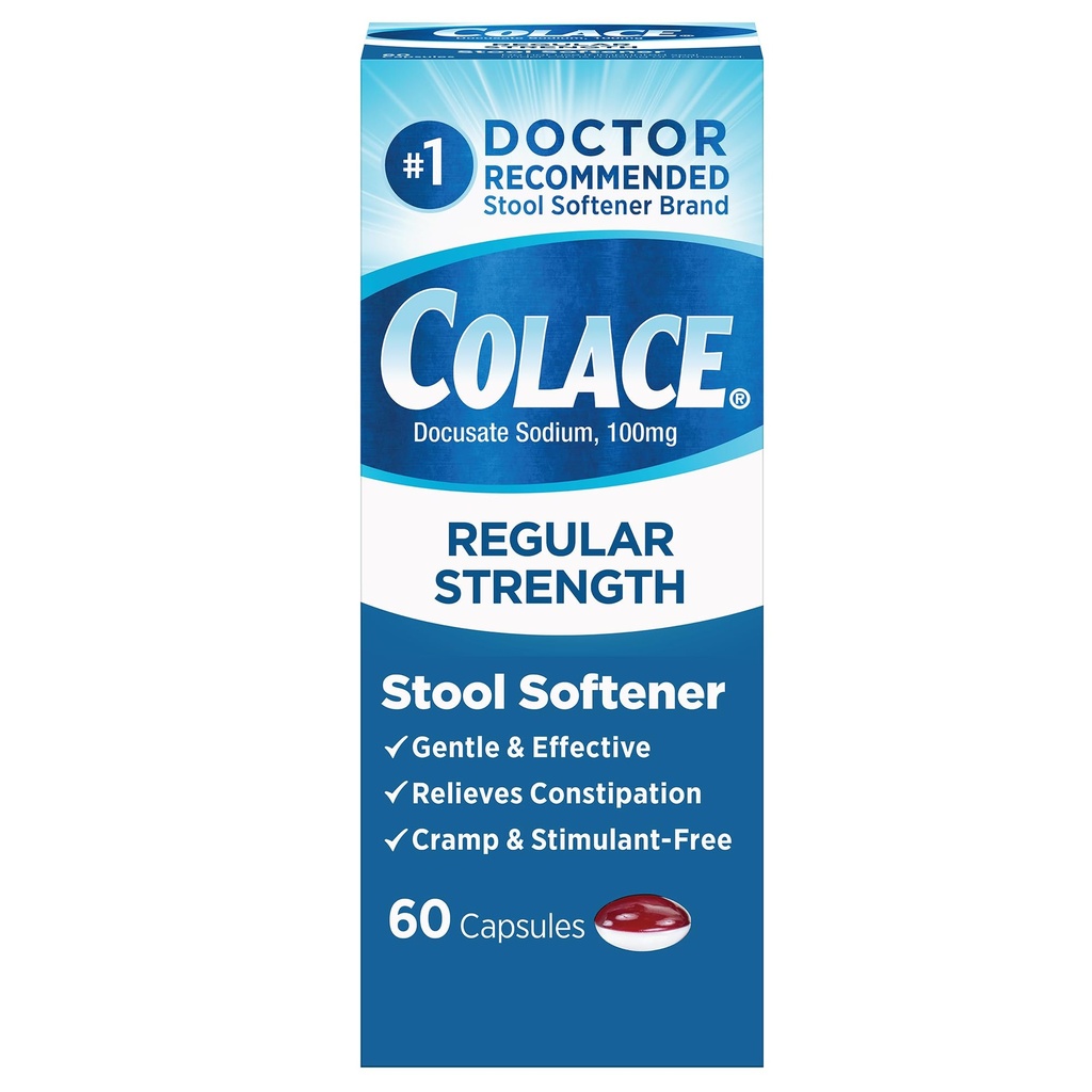 Ammorbidente dello sgabello di resistenza regolare di Colace 100 mg Capsules 60 Count Docusate Sgabello Sodio Softener per un sollievo dipendente delicato