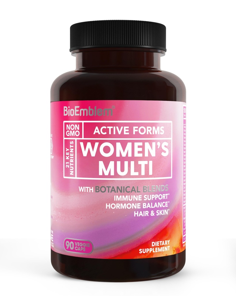 BioEmblem Multivitamina femminile - Multi giornaliero completo per immunità, energia, capelli, pelle con vitamina A, B12, B6, D3, biotina, ferro, magnesio, collagene e miscele di verdure - Gluten Free - 90 capsule