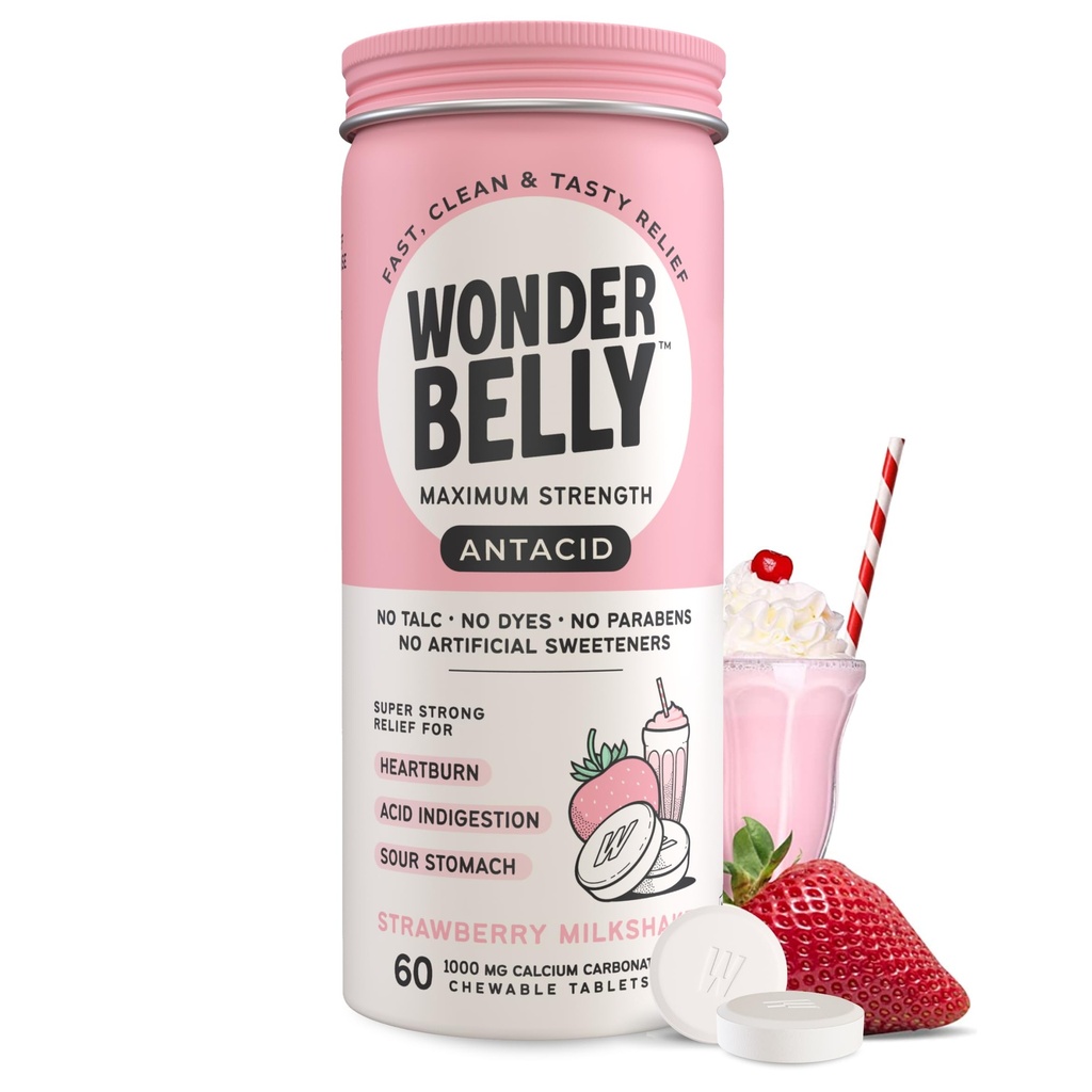 Wonderbelly Antacid, Efficace bruciore di stomaco e sollievo di indigestione dell'acido istantaneo, Compresse masticabili ad alta resistenza, Carbonato di calcio di 1000 mg, No Talc o Dye, Milkshake di fragole, 60 Conte