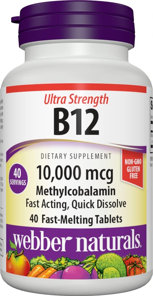Webber Naturals Vitamina B12 10.000 mcg, Ultra Strength, 40 Count, Tabelle disciolte veloci, Supporto supplemento di vitamina per il metabolismo energetico, Immune e salute del cuore, Formula vegana