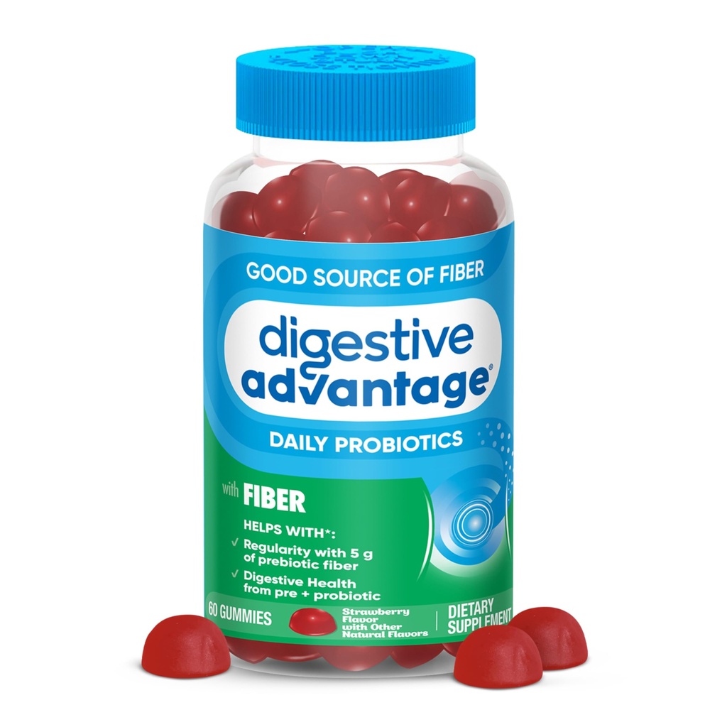 Vantaggio digestivo Prebiotici Fibre Gummies + Probiotici per la salute del fegato, 5g Prebiotic Fiber Plus 1 miliardo CFU Probiotico, Supporta la salute digestiva & regolarità, (bottiglia 60ct) Fragola Flavor*